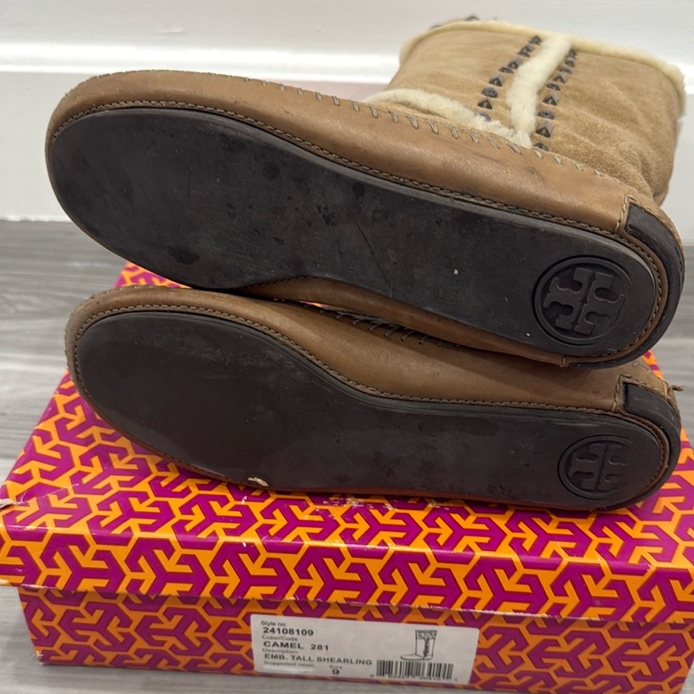Tory Burch Knee High Shearling Camel Embellished Boot - Picture 11 of 12